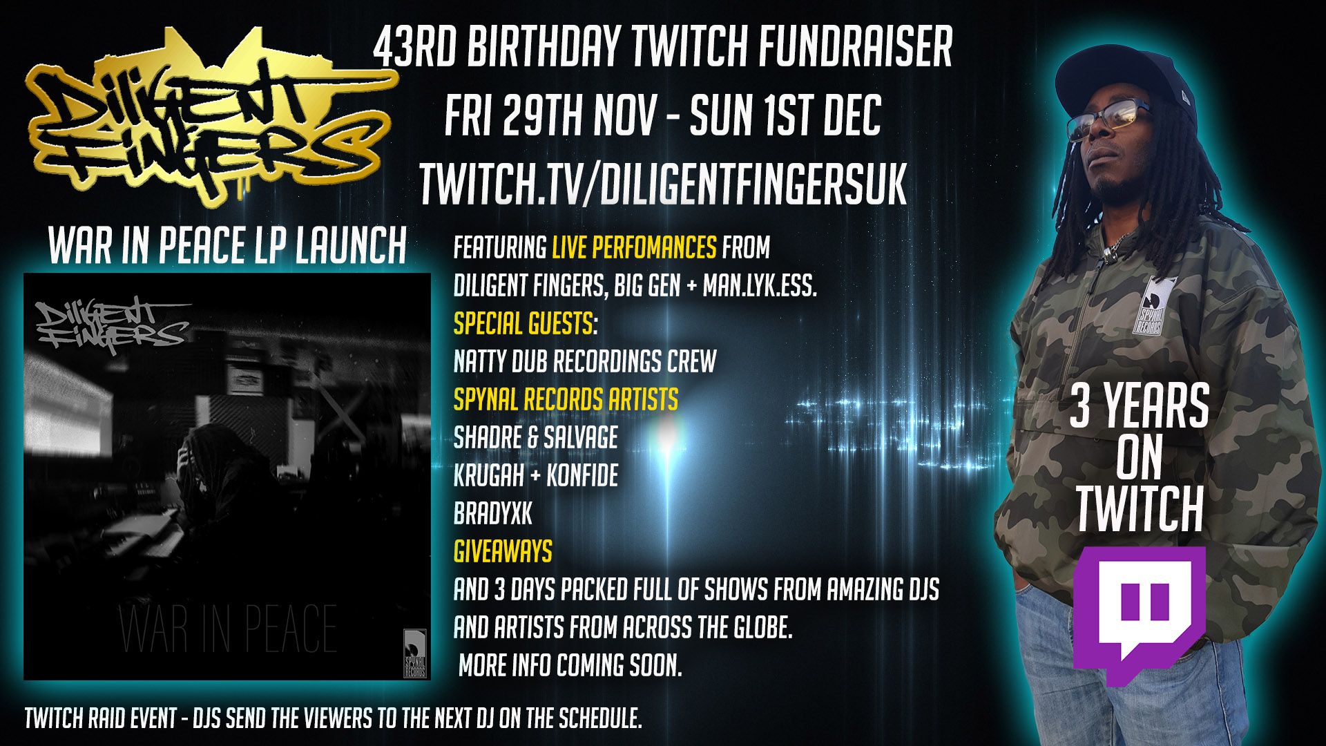 Diligent Fingers 43rd B-Day, Album Launch and 3 Years on Twitch Raid Train